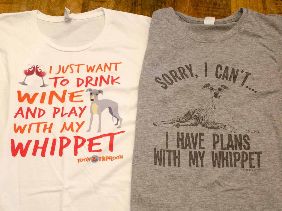 Two whippet themed shirts