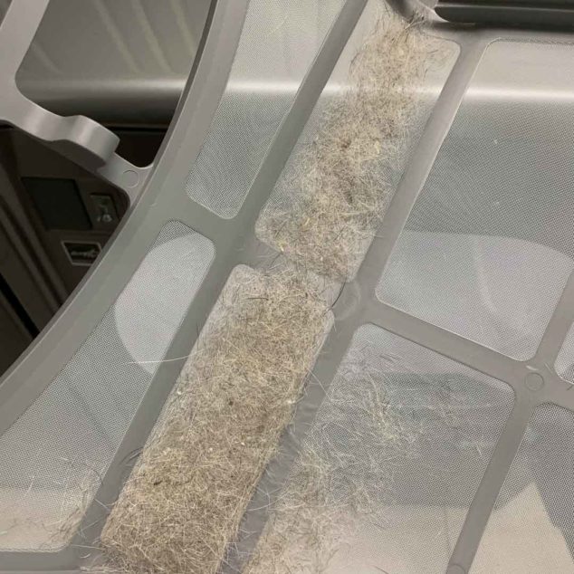 Dryer lint trap with dog hair accumulated on it