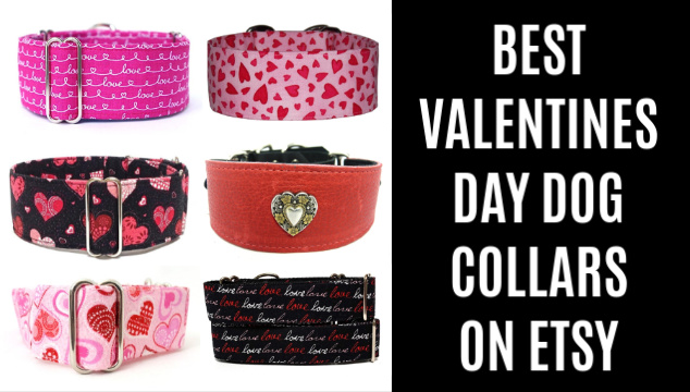 collage of valentines day dog collars on Etsy