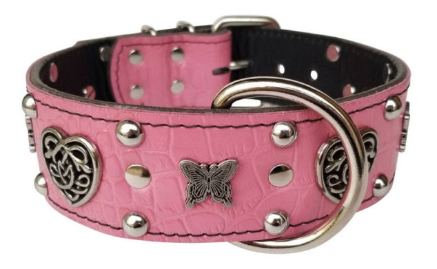 pink leather dog collar with celtic hearts