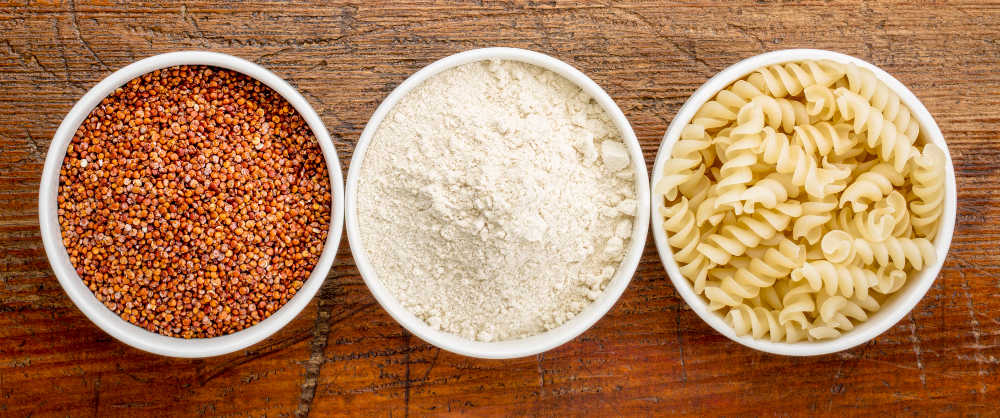 red quinoa, quinoa flour, and quinoa pasta