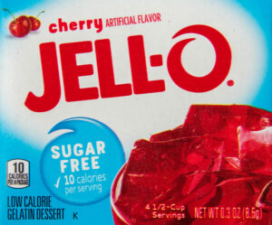 the front of a sugar free cherry Jello package