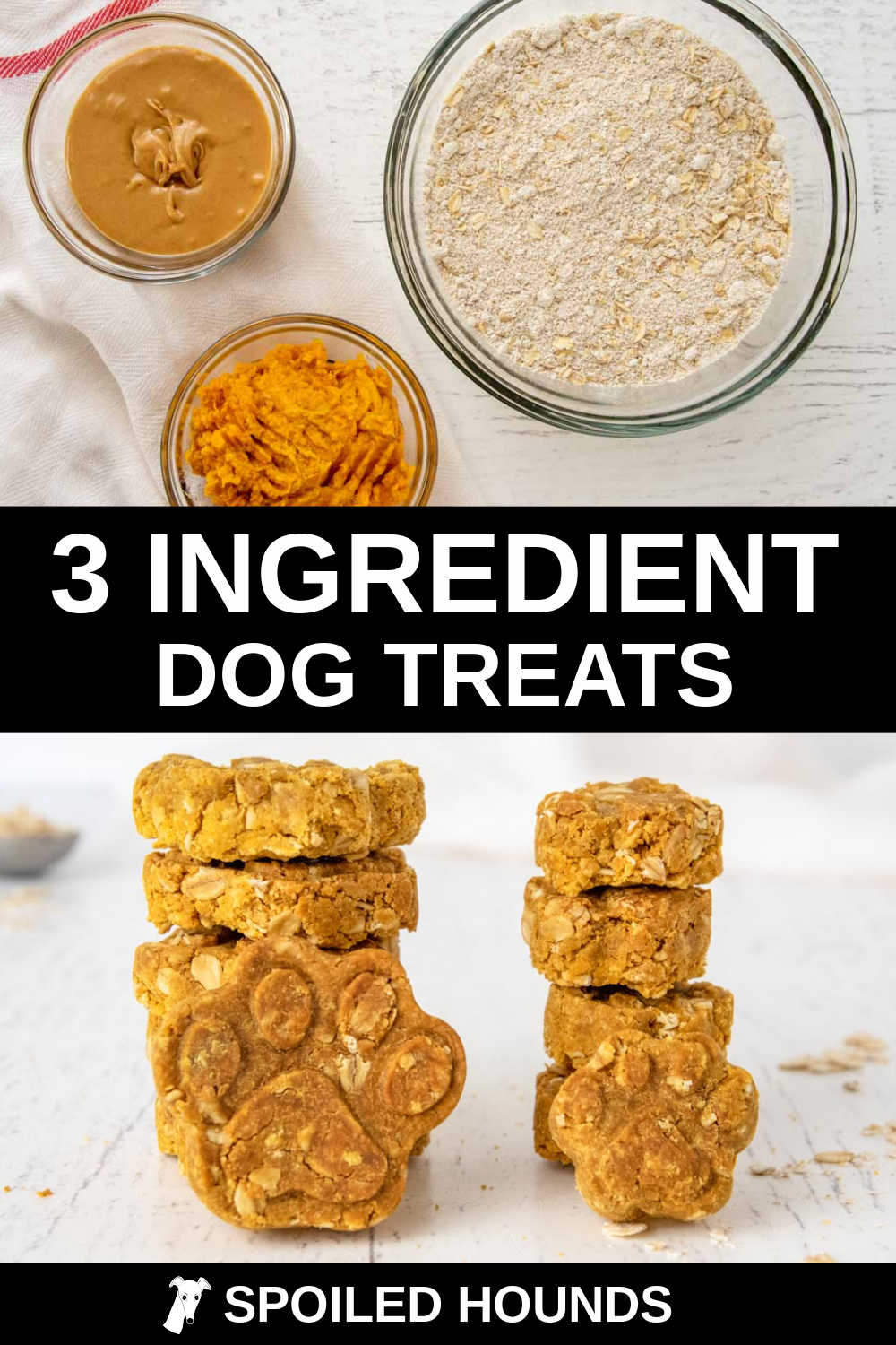 peanut butter, mashed sweet potato, oats, and stacks of homemade dog treats