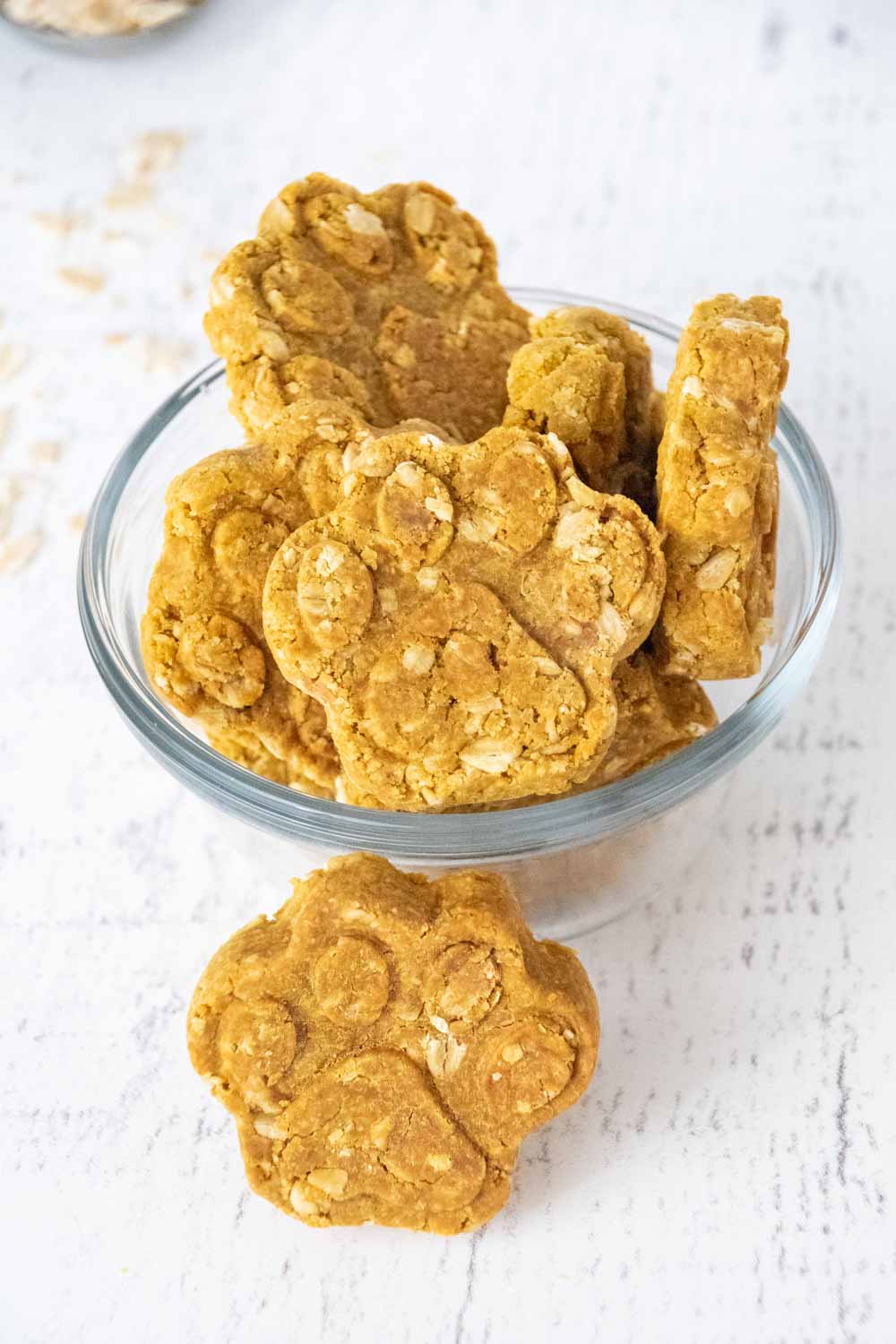 Homemade 3 ingredient dog treats in a glass bowl.