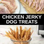 raw chicken breasts and a bowl of homemade chicken jerky treats for dogs