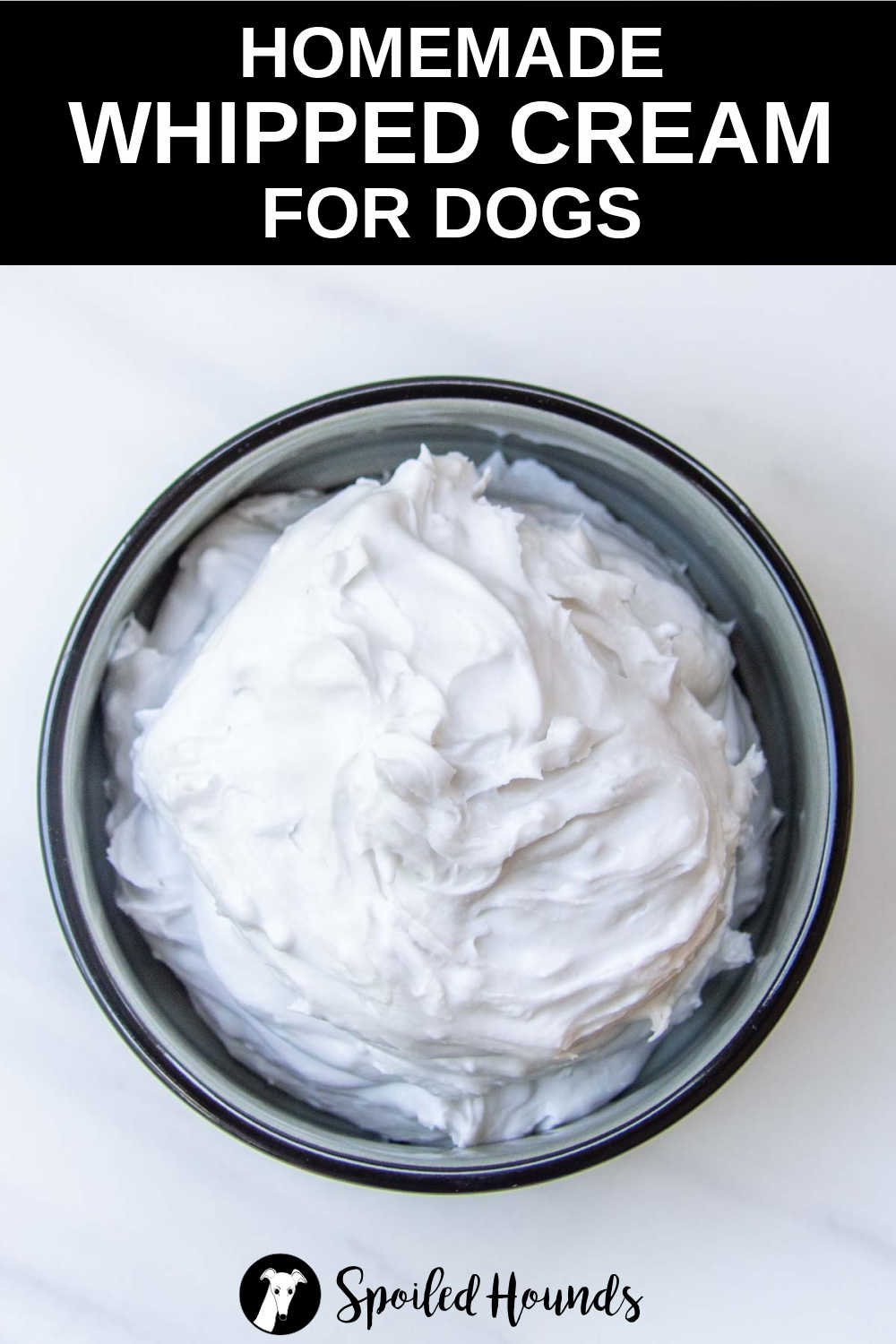 overhead view of coconut whipped cream for dogs in a bowl