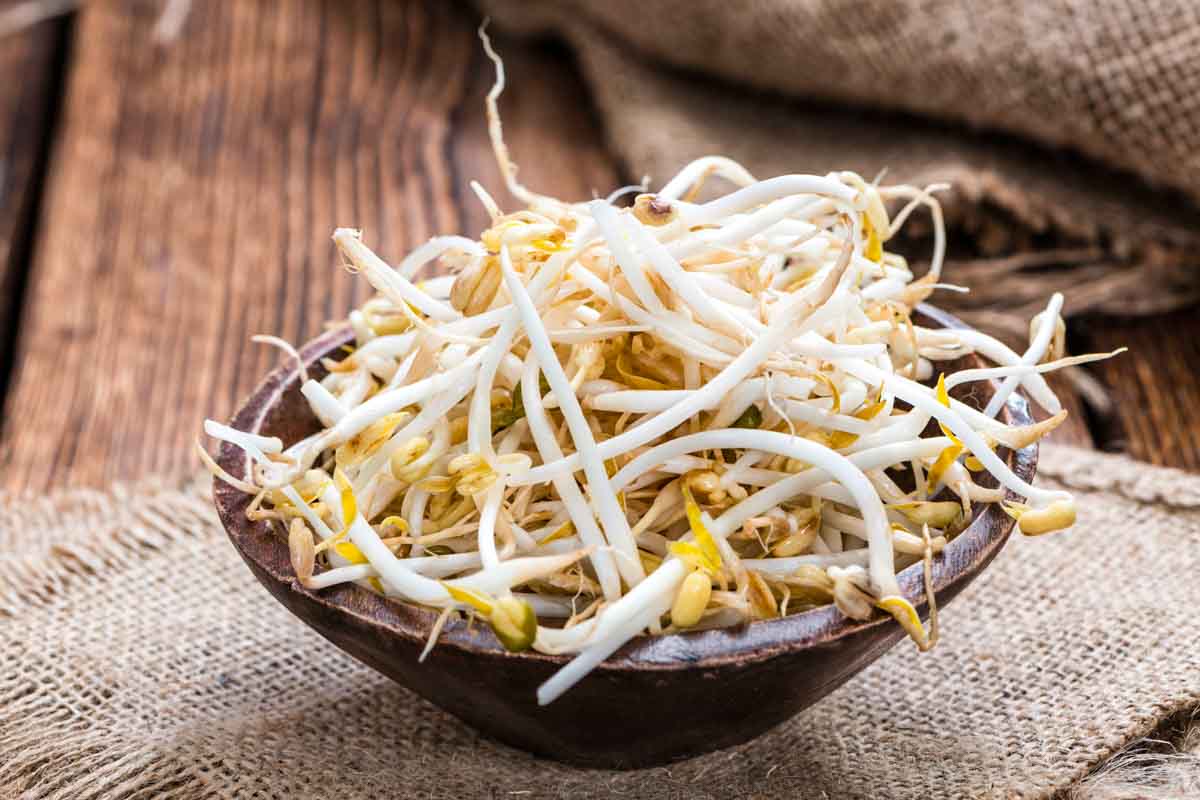 bean sprouts in a wood bowl.