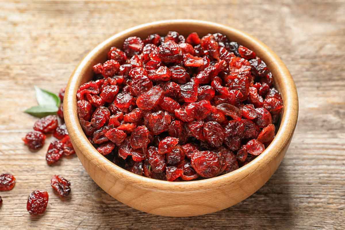 a bowl of dried cranberries (Craisins).