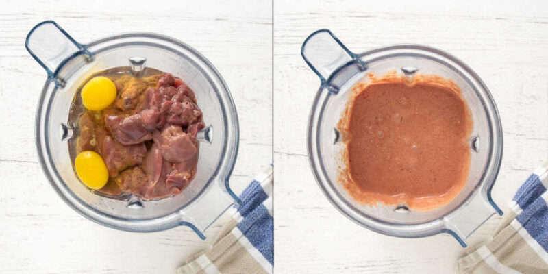 liver dog treats in a blender, before and after blending.