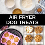 air fryer dog treats ingredients, air fried dog treats, and frosted treats on a wire rack.