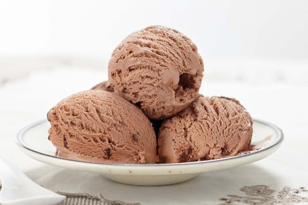 chocolate ice cream scoops on a plate.