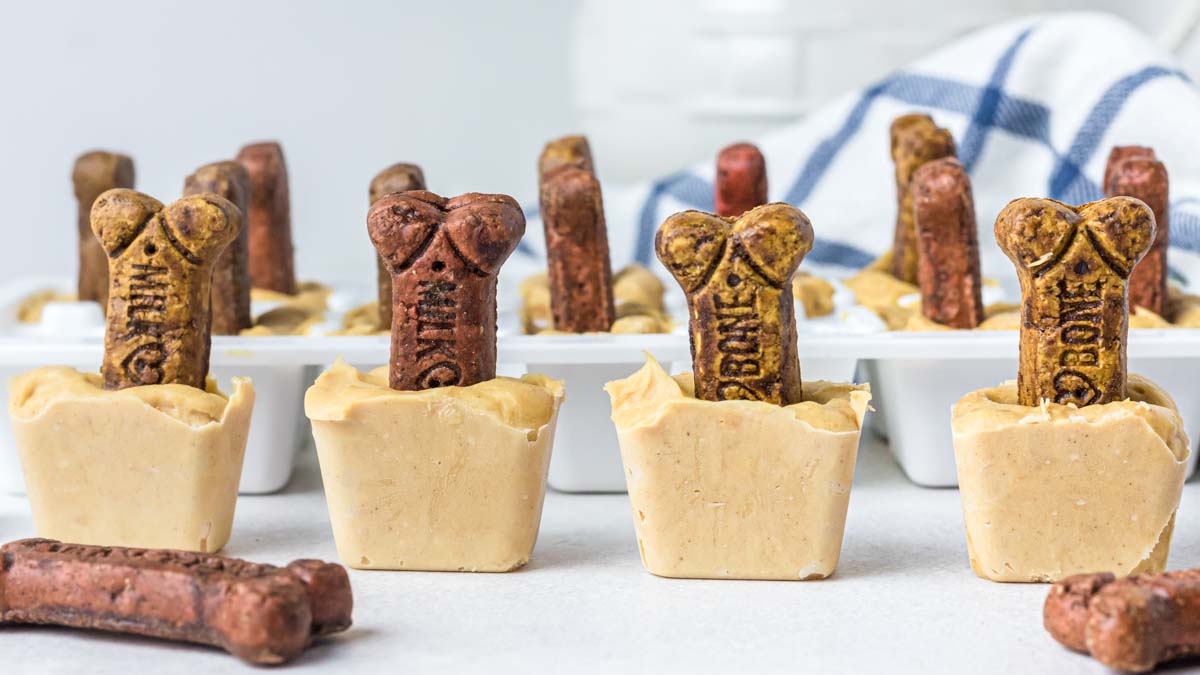 four homemade peanut butter dog popsicles.