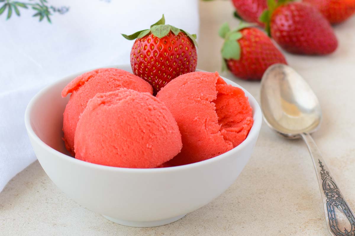 strawberry sorbet in a bowl.