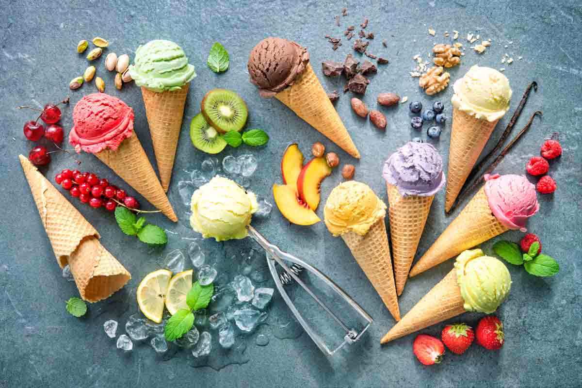 various ice cream flavors in cones.