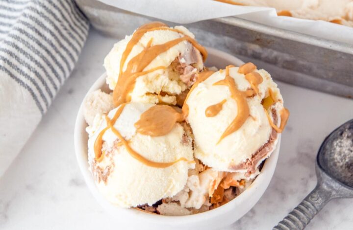 scoops of banana peanut butter swirl dog ice cream in a bowl.