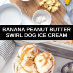 banana peanut butter swirl dog ice cream ingredients and scoops in a bowl.