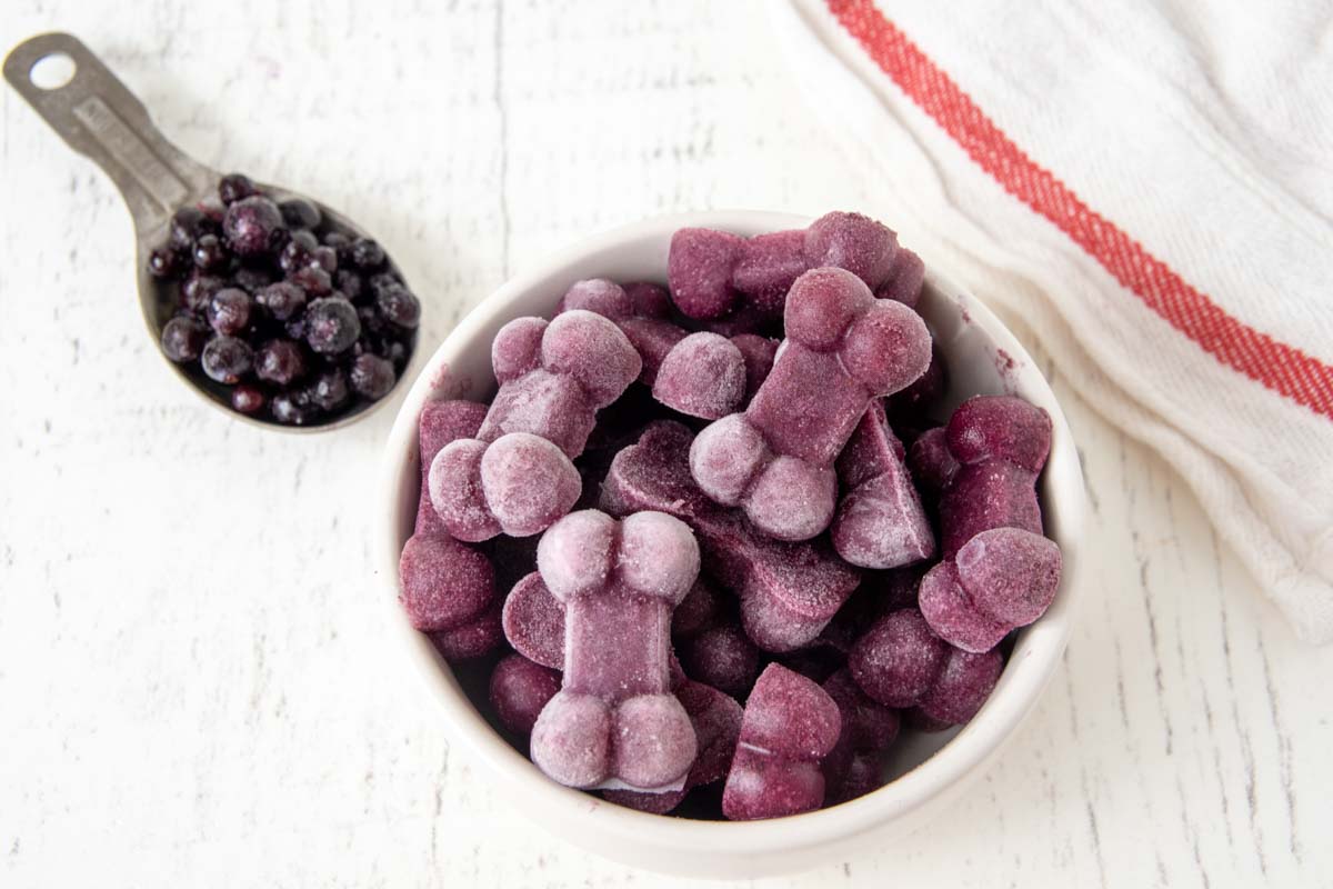 frozen blueberry dog treats in a bowl.