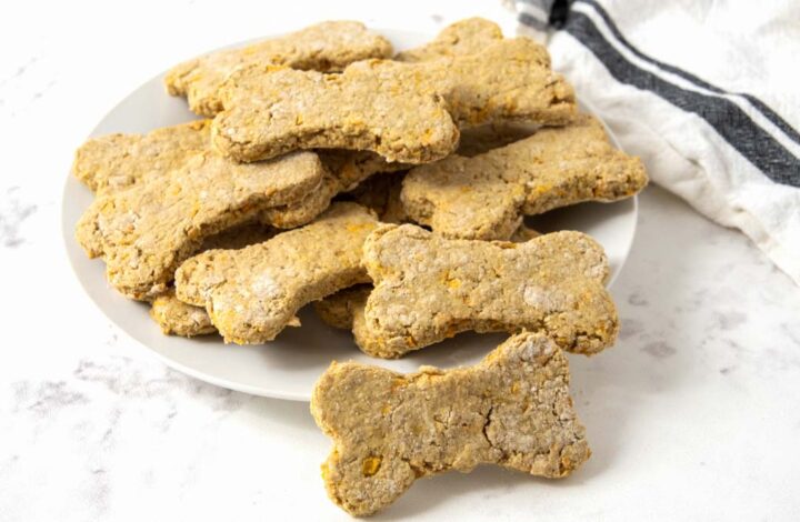 homemade chicken dog treats on a white plate.