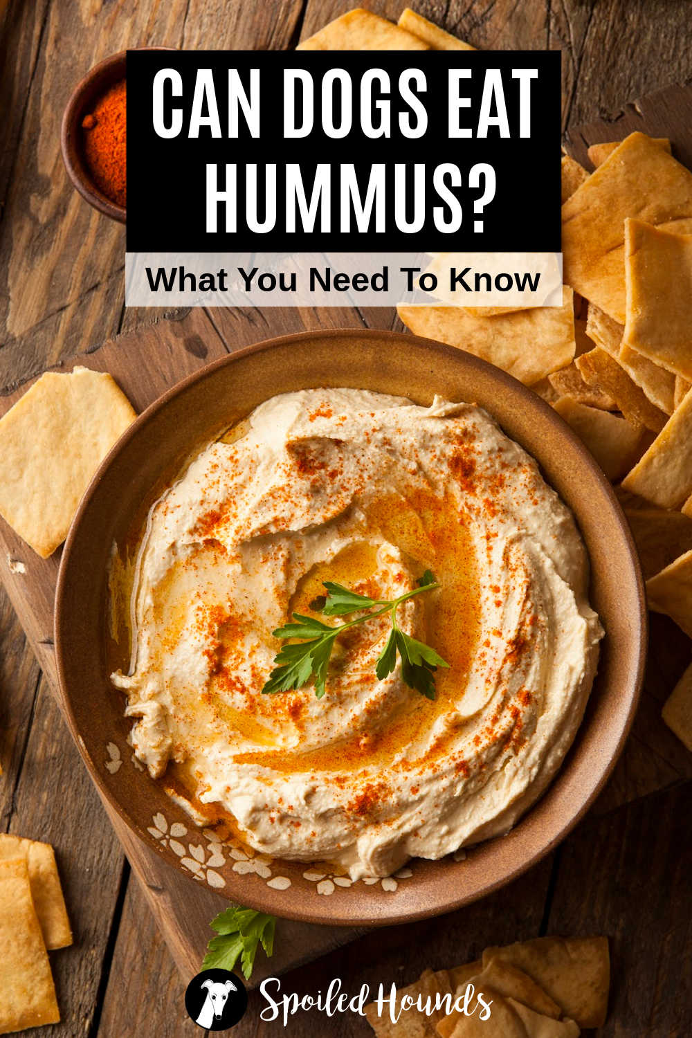 overhead view of a bowl of hummus.