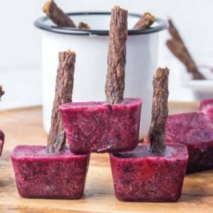 homemade mixed berry popsicles for dogs with dog chew popsicle sticks.