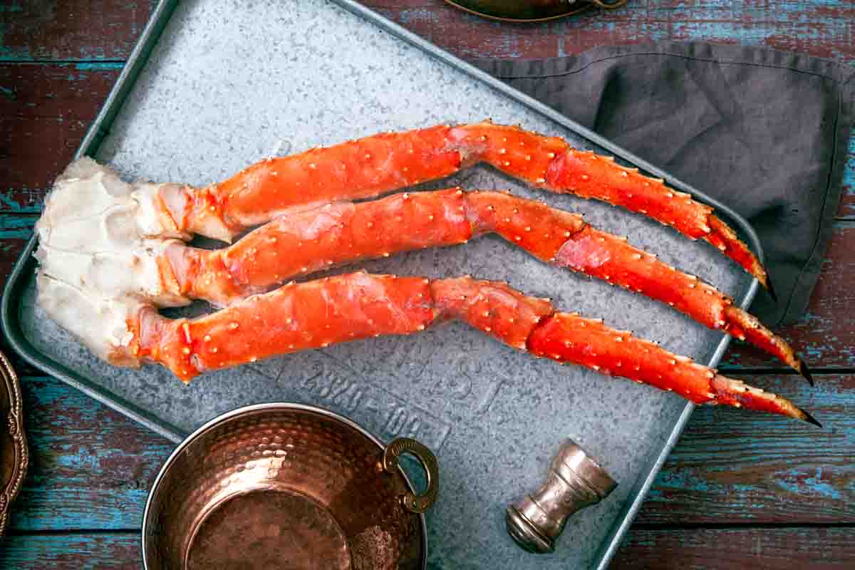 king crab legs on a tray.