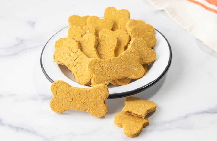 homemade pumpkin cookies for dogs in a bowl.