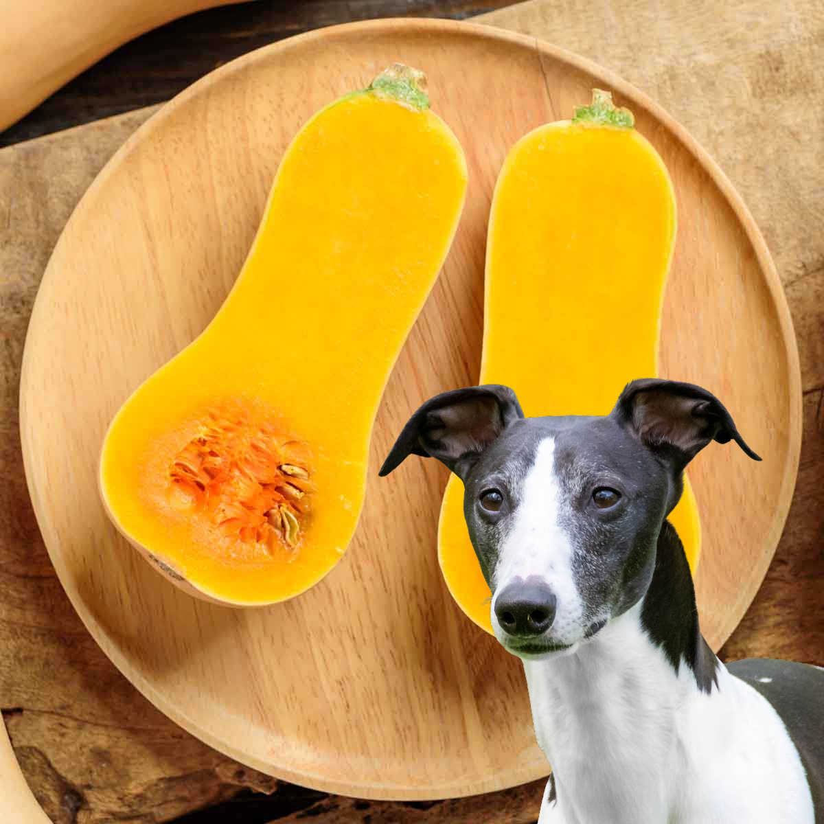 dog in front of butternut squash halves on a round wood platter.