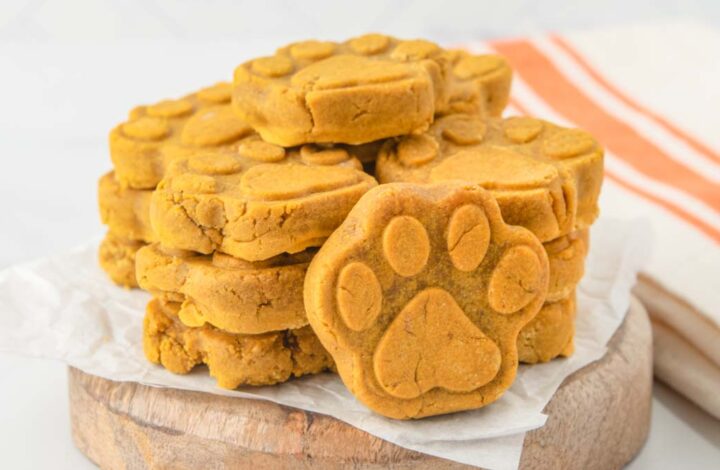 homemade pumpkin dog biscuits stacked on a small round wood board.