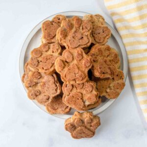 overhead view of homemade applesauce dog treats on a plate.