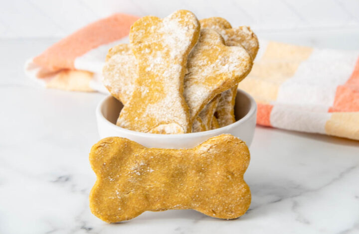 homemade banana pumpkin dog treats in a bowl with one in front.