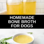 homemade bone broth for dogs in a small bowl and mason jars.