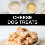 cheese dog treats ingredients and the finished treats on a plate.