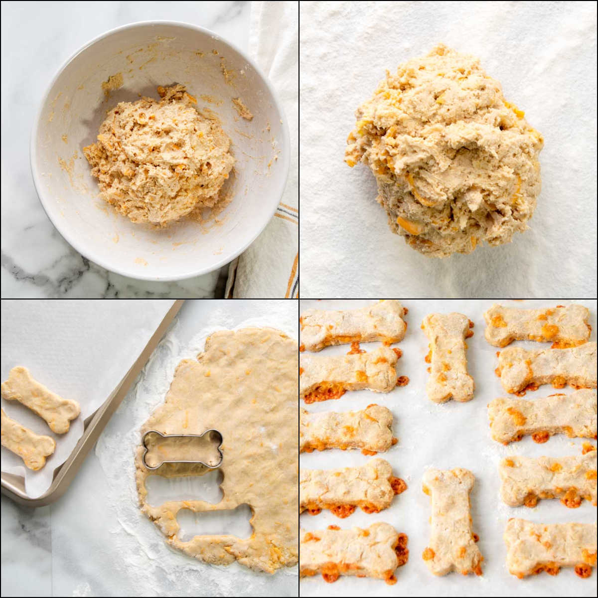 collage of cheese dog treats recipe steps dough cutting and baking.
