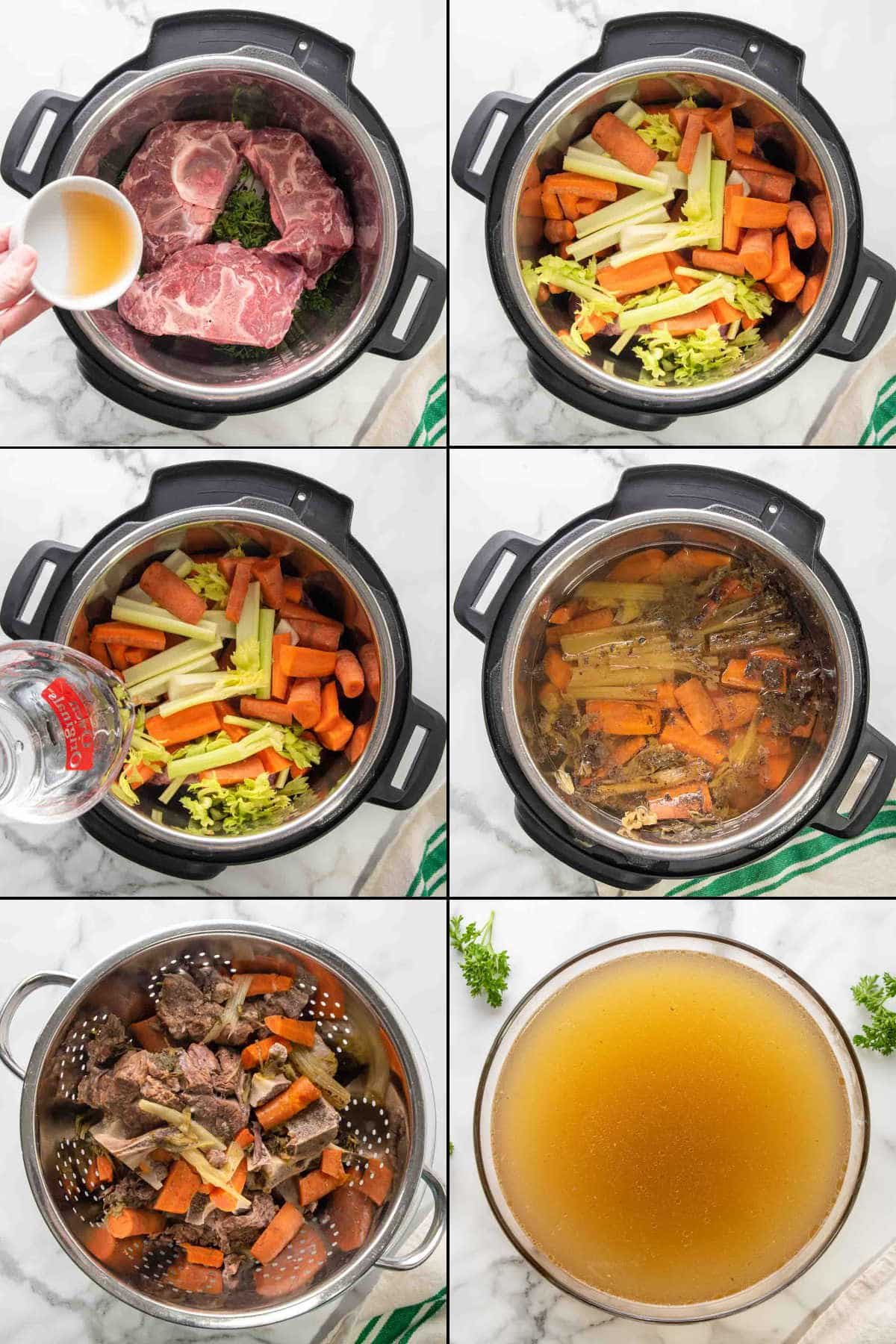 collage of recipe steps for making beef bone broth for dogs.