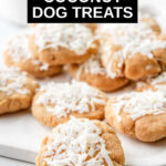 homemade coconut dog treats topped with coconut flakes.