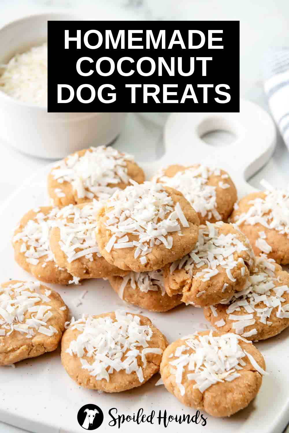 a bunch of homemade coconut dog treats on a white board.