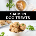 salmon dog treats ingredients and the finished treats in a bowl.