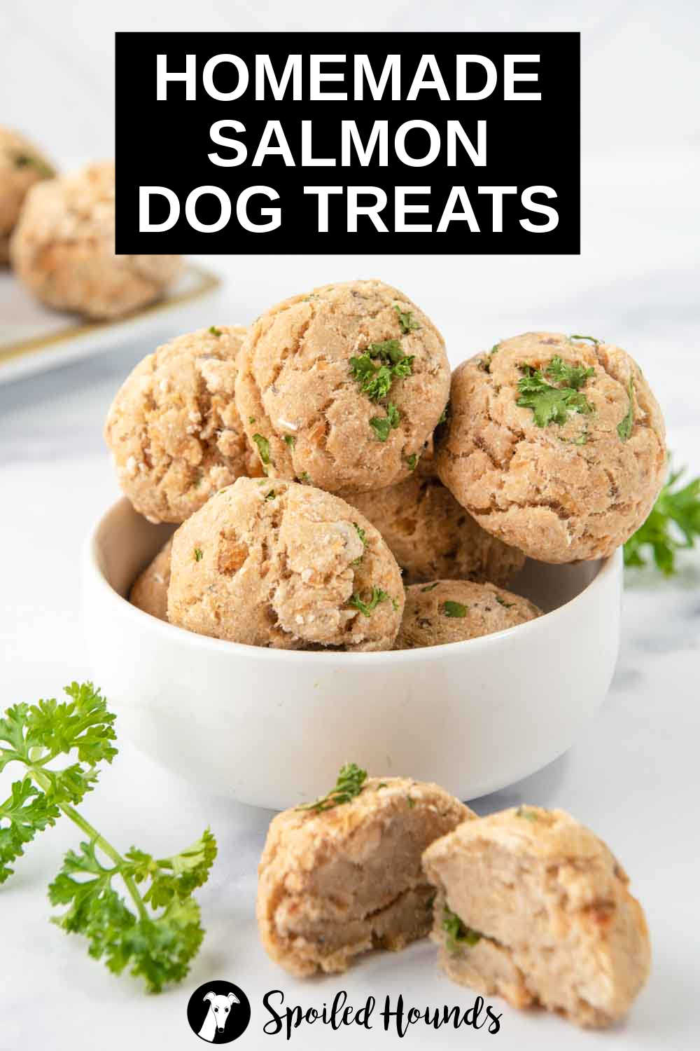 homemade salmon dog treats in a bowl and one in front cut in half.