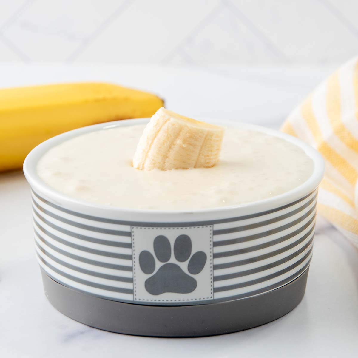 banana dog smoothie in a small dog food bowl.