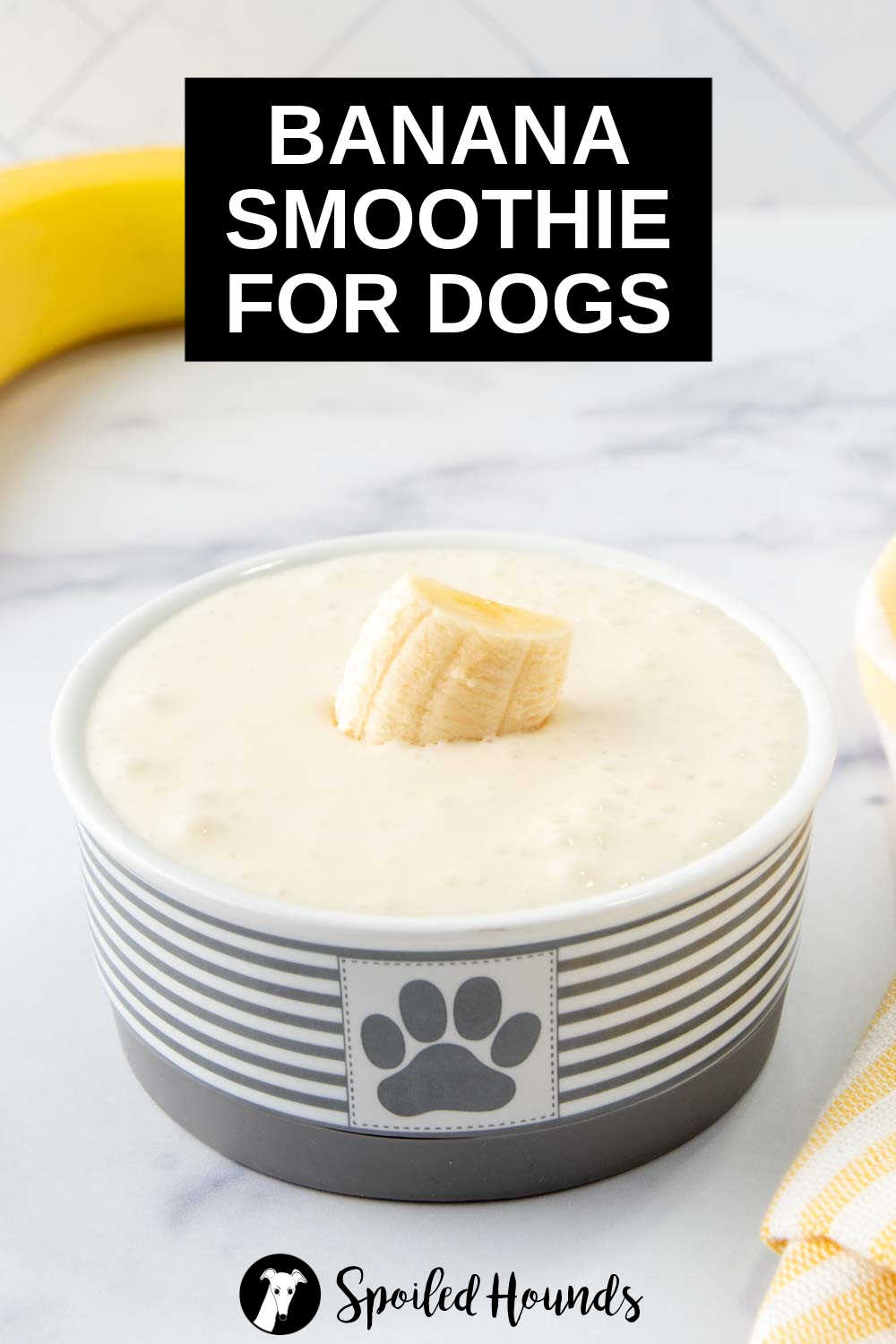 small dog bowl with a banana dog smoothie in it.
