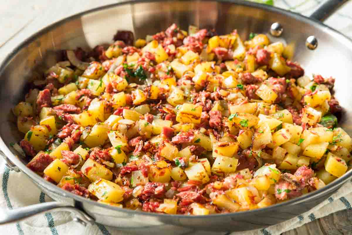 corned beef hash in a skillet.