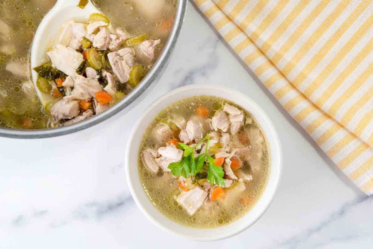 Homemade chicken soup for dogs in a bowl and a pot.