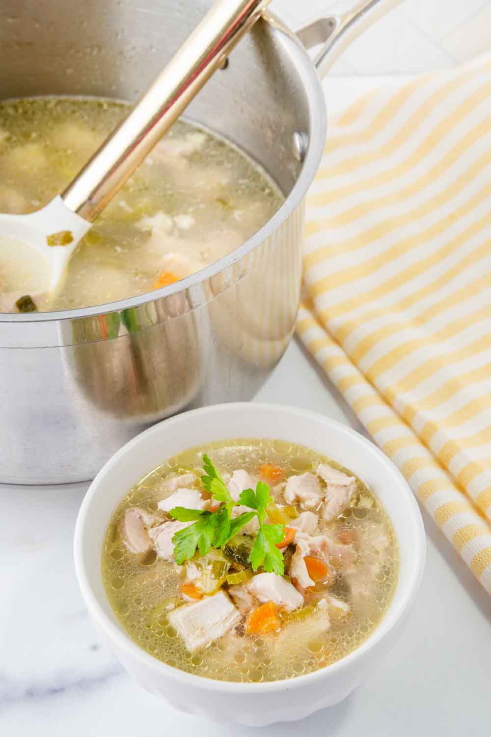 Homemade chicken soup for dogs in a pot and small bowl.