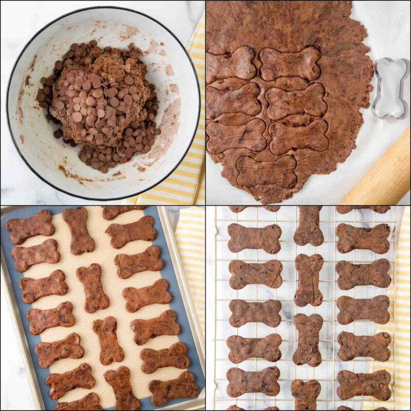 Collage of rolling, cutting, and baking carob dog treats dough.