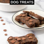 Homemade carob dog treats on a plate and in a bowl.