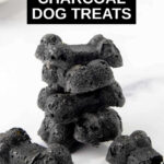 A stack of homemade charcoal dog treats on a marble surface.