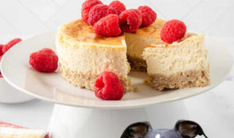 Cheesecake for dogs on a small cake stand.