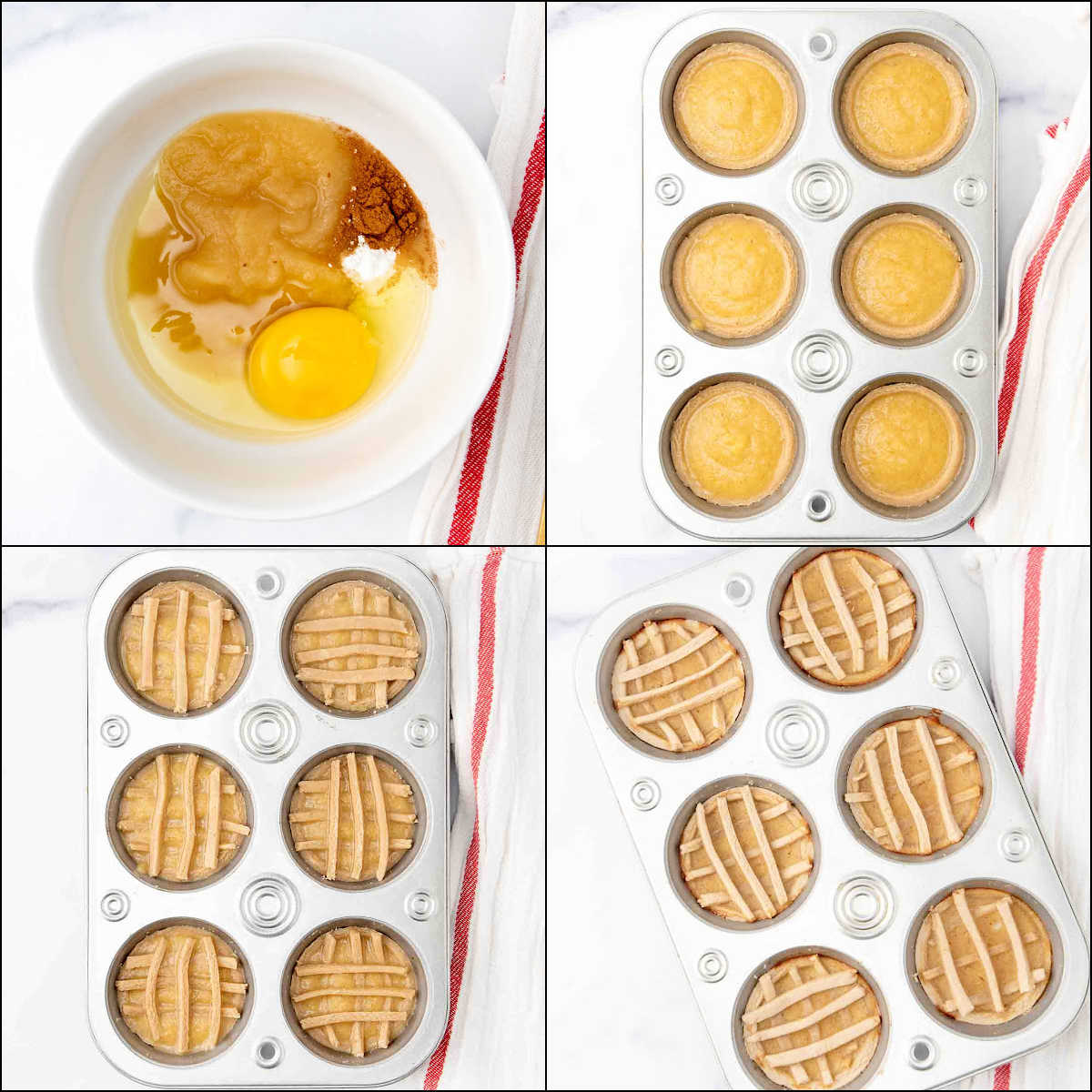 Collage of making filling and baking apple pie for dogs.