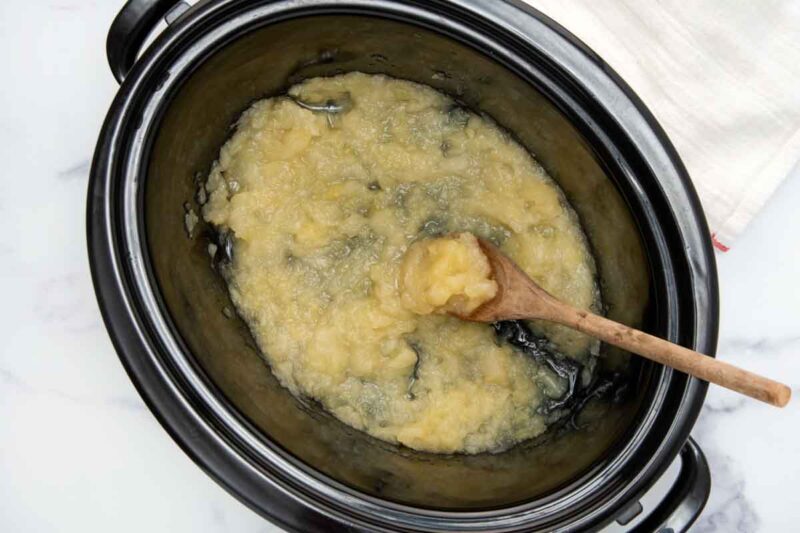 Homemade applesauce for dogs after being cooked in a crockpot slow cooker.