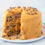 Homemade meat cake for dogs with sweet potato cream cheese frosing.